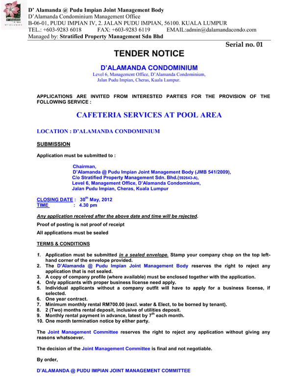 D Alamanda Snack Bar - Tender Notice
