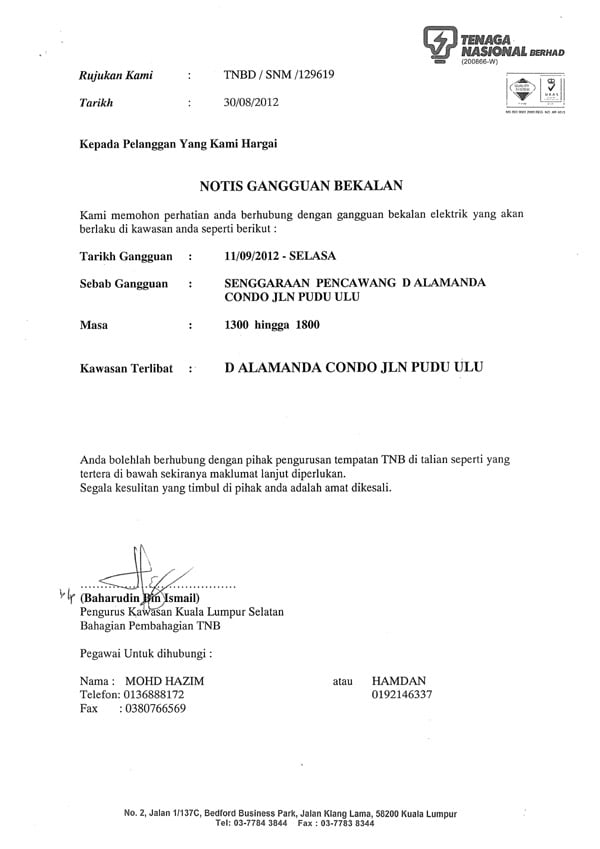 Notice - TNB Power Shutdown on 11 Sept 2012