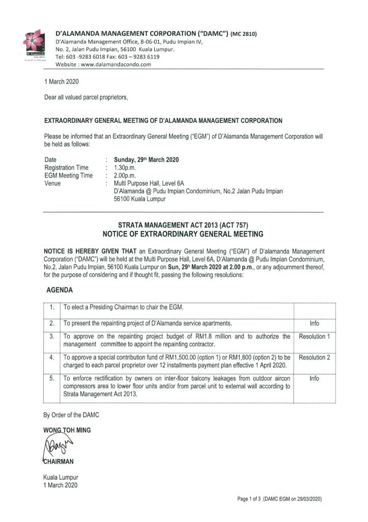 DA Condo - EGM - Notice