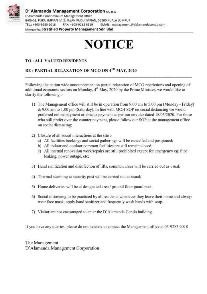 Notice - Partial Relaxation of MCO on 04/05/2020